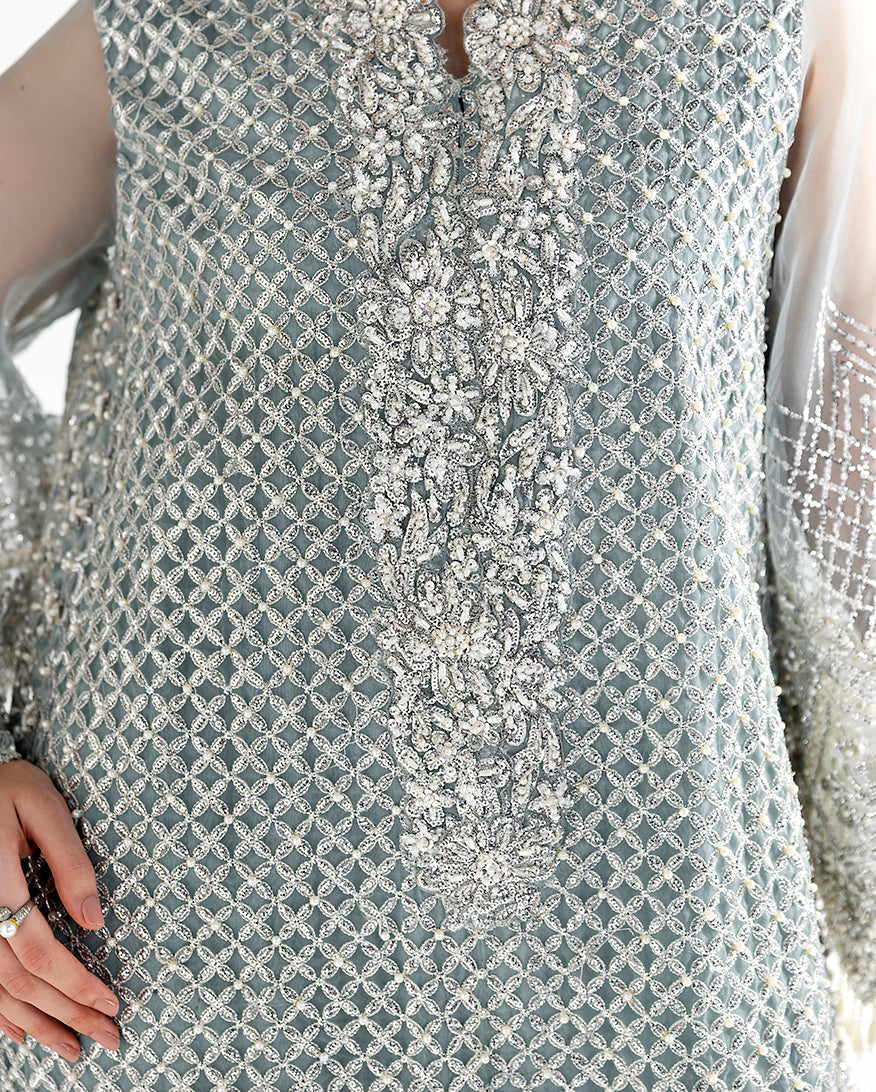 Women Wearing Ondine Grey Blue Long Shirt for Festive Events - Pakistani Designer Wear for Women in UK | Kifat