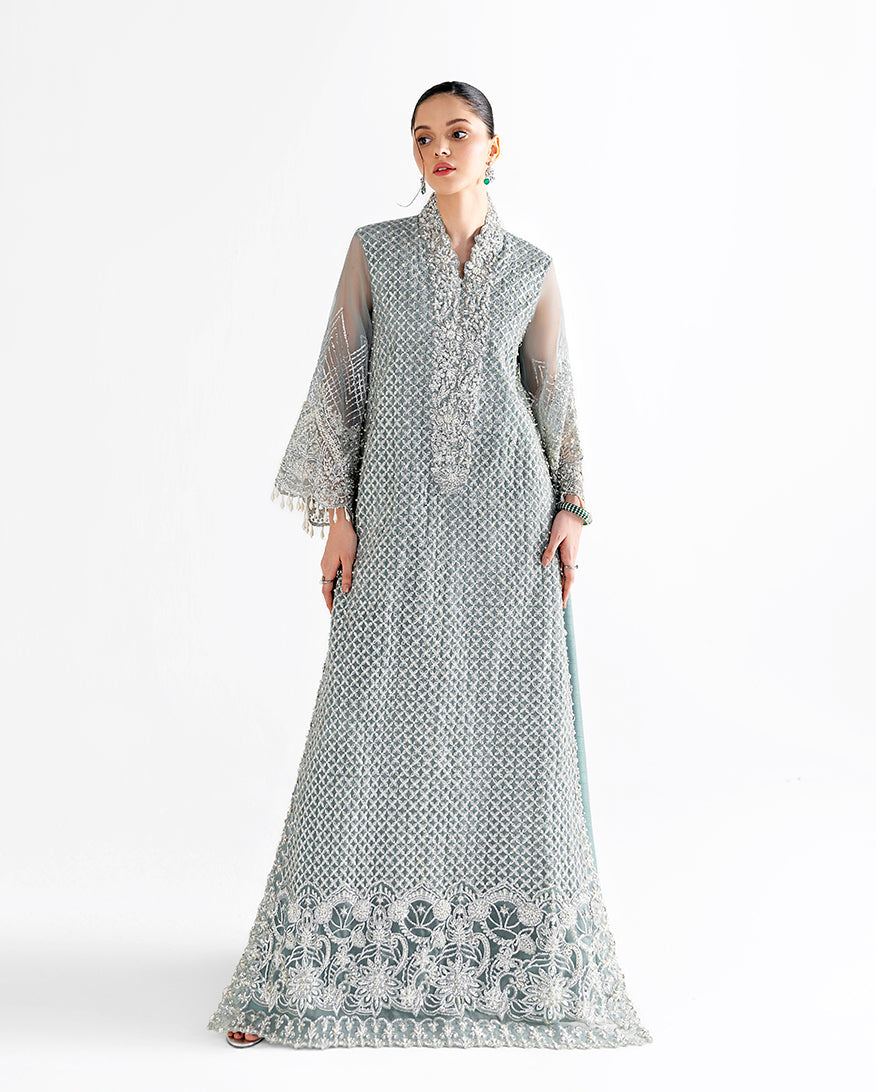 Women Wearing Ondine Grey Blue Long Shirt for Festive Events - Pakistani Designer Wear for Women in UK | Kifat