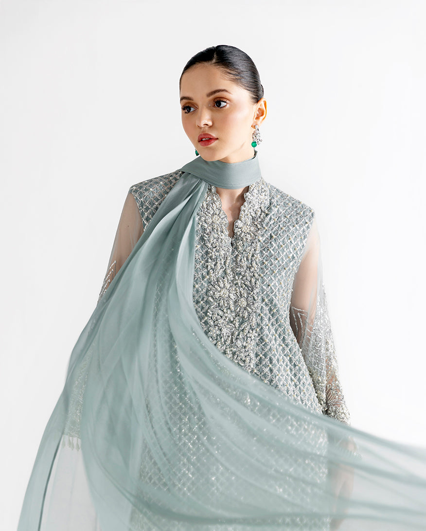 Women Wearing Ondine Grey Blue Long Shirt for Festive Events - Pakistani Designer Wear for Women in UK | Kifat