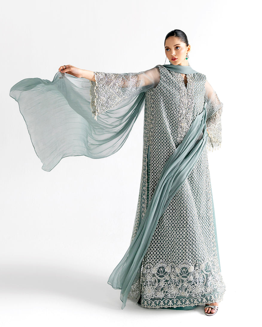 Women Wearing Ondine Grey Blue Long Shirt for Festive Events - Pakistani Designer Wear for Women in UK | Kifat