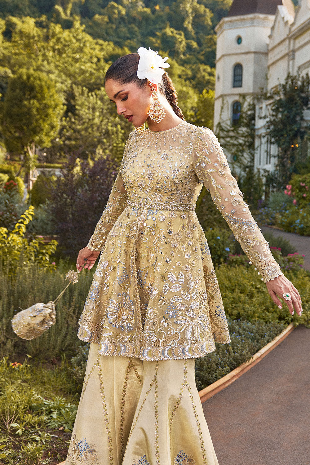 Soraya ORNELLA Gold Short Shirt with Sharara for Wedding Wear, Guest of Wedding Wear - Pakistani Designer Wear for Women in UK | Kifat