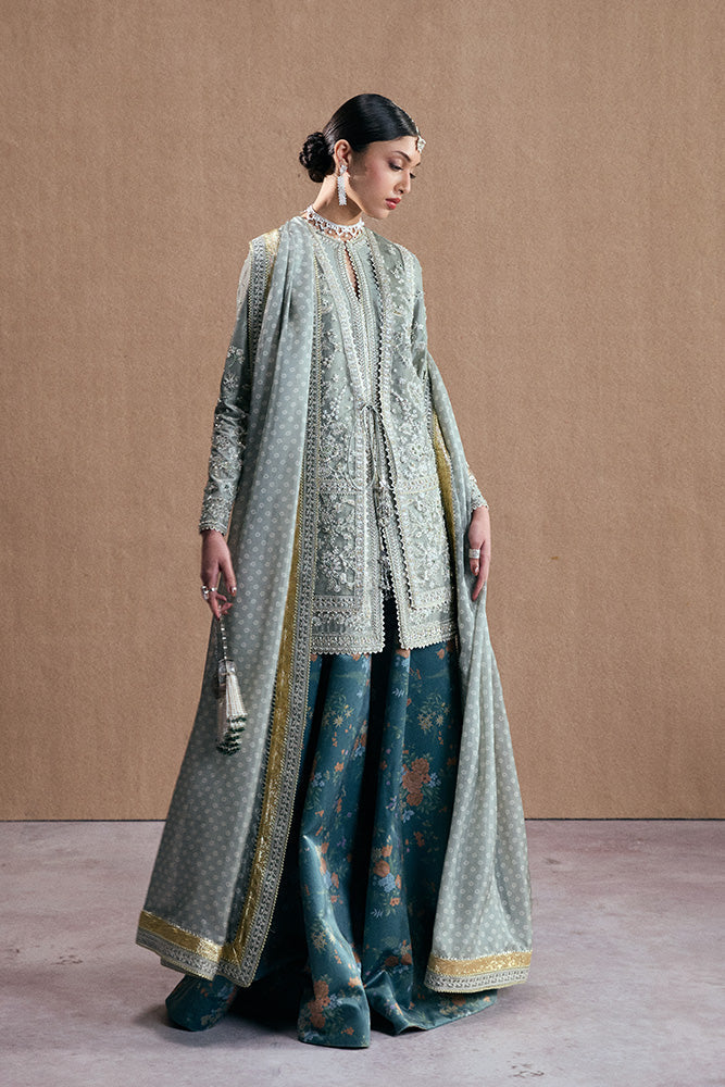 Model Wearing Suffuse by Sana Yasir SELINEH Oyster Bay Green jacket for Wedding Wear - Pakistani Designer wear for Women in UK | Kifat