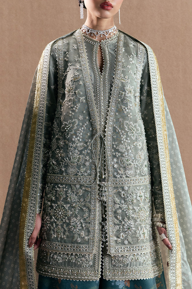 Model Wearing Suffuse by Sana Yasir SELINEH Oyster Bay Green jacket for Wedding Wear - Pakistani Designer wear for Women in UK | Kifat