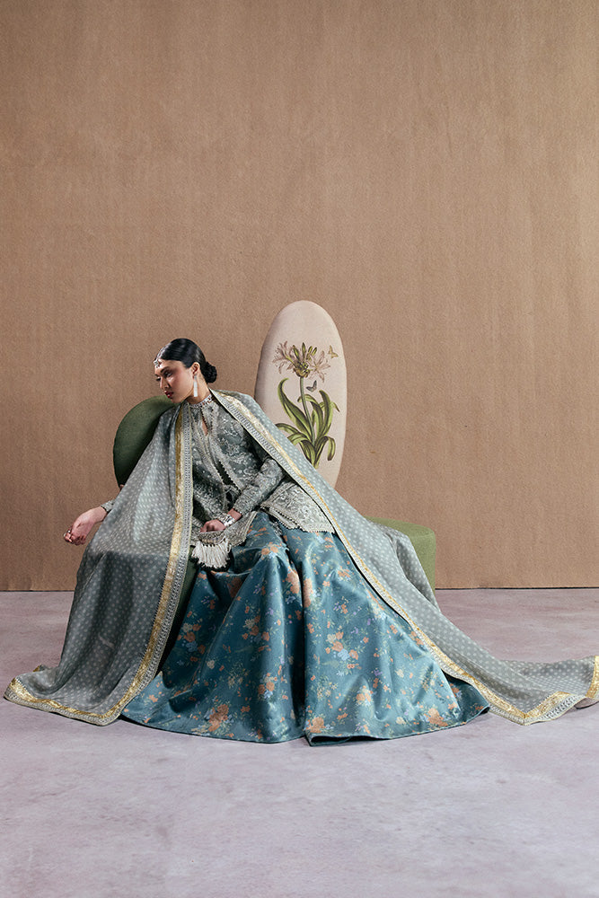 Model Wearing Suffuse by Sana Yasir SELINEH Oyster Bay Green jacket for Wedding Wear - Pakistani Designer wear for Women in UK | Kifat
