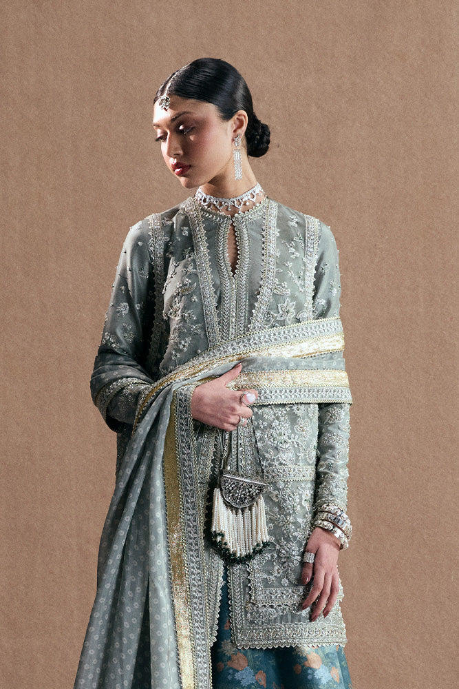 Model Wearing Suffuse by Sana Yasir SELINEH Oyster Bay Green jacket for Wedding Wear - Pakistani Designer wear for Women in UK | Kifat