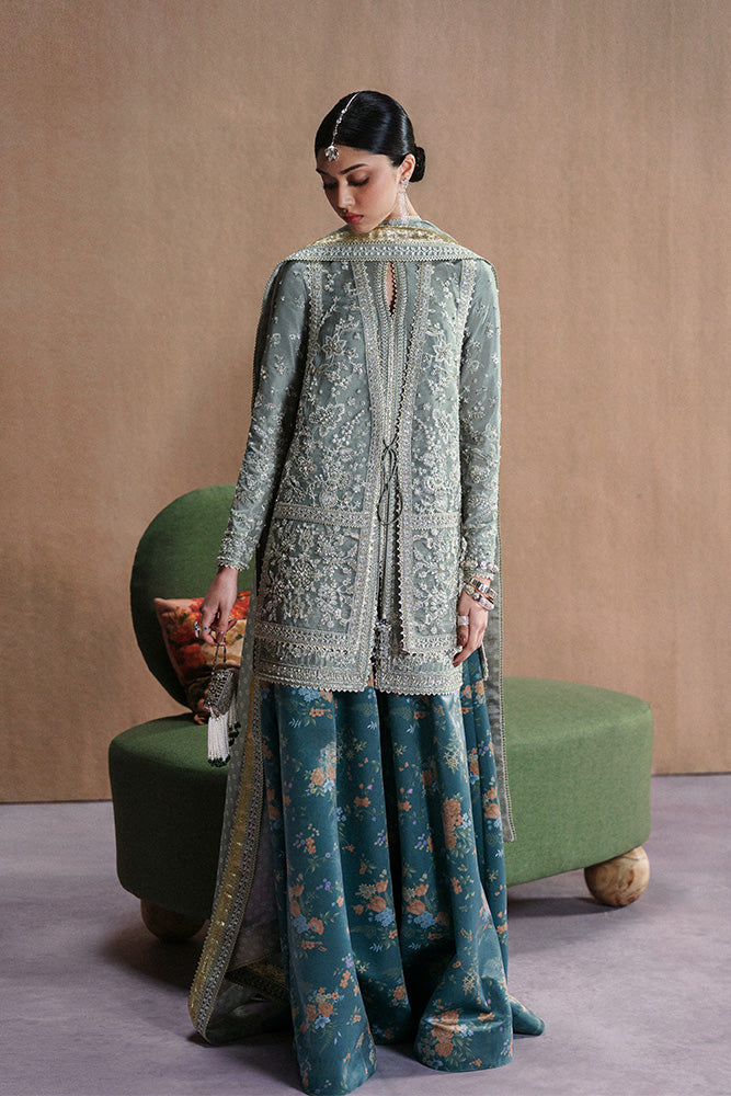 Model Wearing Suffuse by Sana Yasir SELINEH Oyster Bay Green jacket for Wedding Wear - Pakistani Designer wear for Women in UK | Kifat