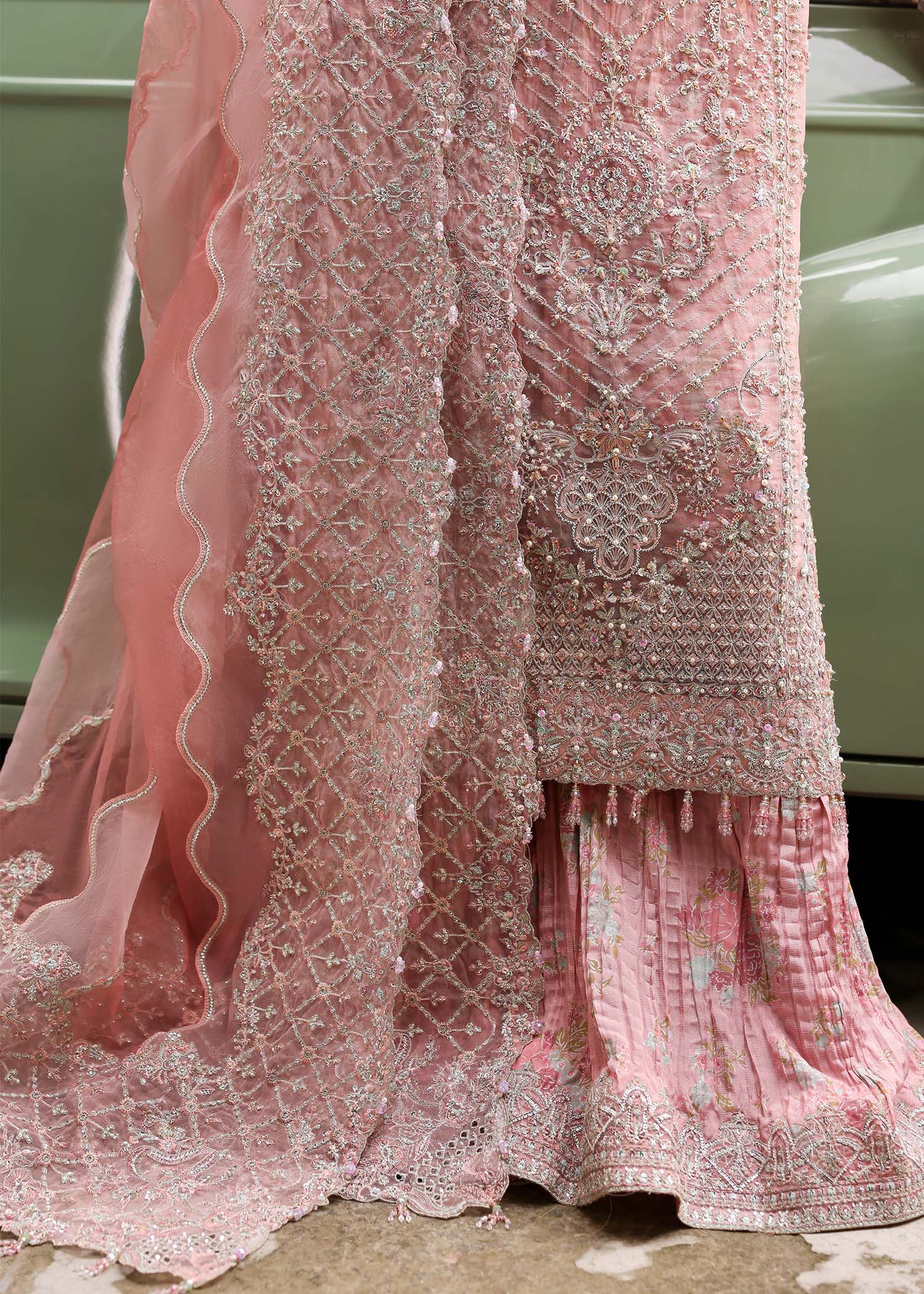 Kanwal Malik Shabnam Blush Pink Long Shirt with Crushed Sharara for Bridal wear, Guest of Formal Wedding - Pakistani Designer Wear for Women in UK | Kifat