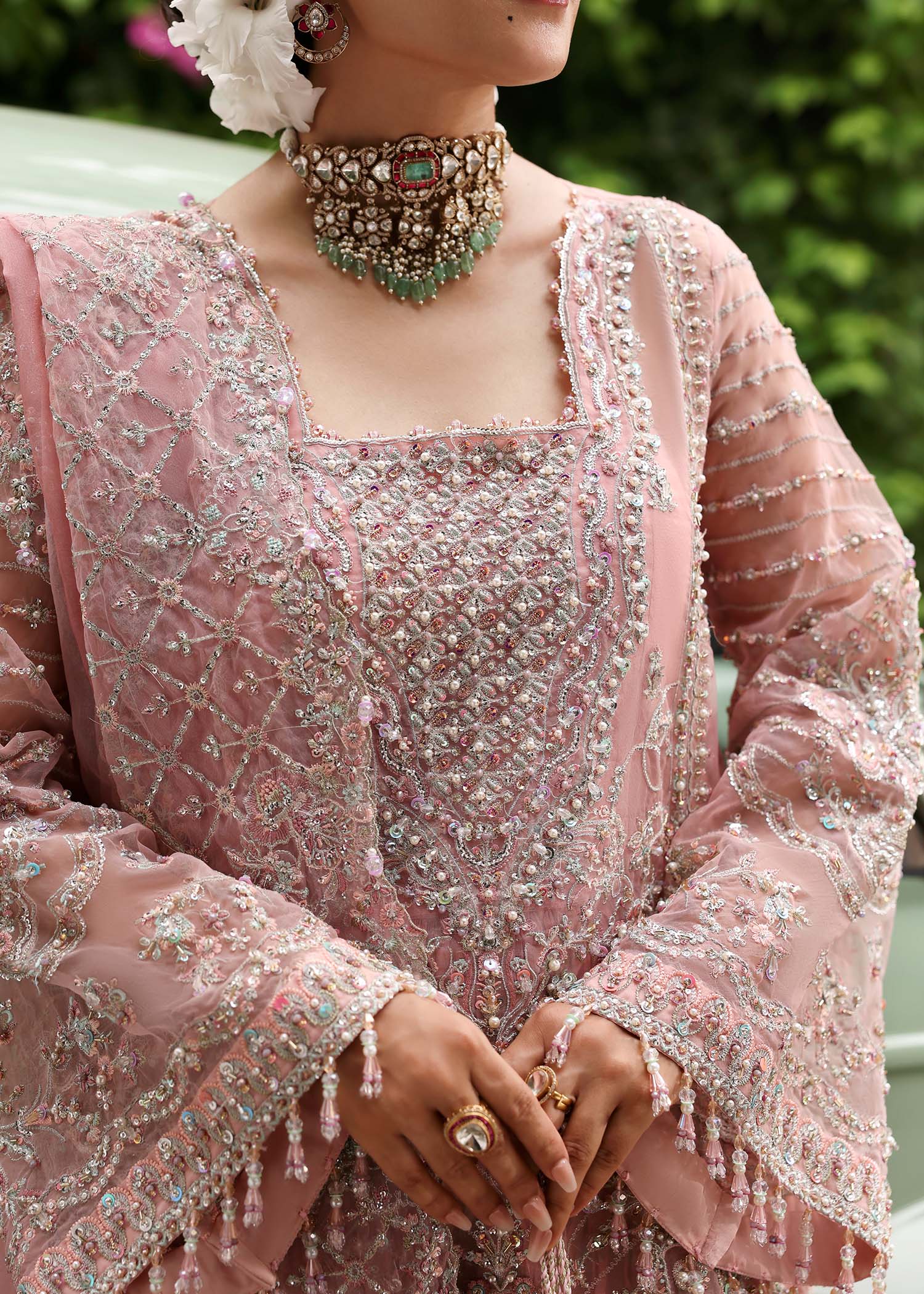 Kanwal Malik Shabnam Blush Pink Long Shirt with Crushed Sharara for Bridal wear, Guest of Formal Wedding - Pakistani Designer Wear for Women in UK | Kifat