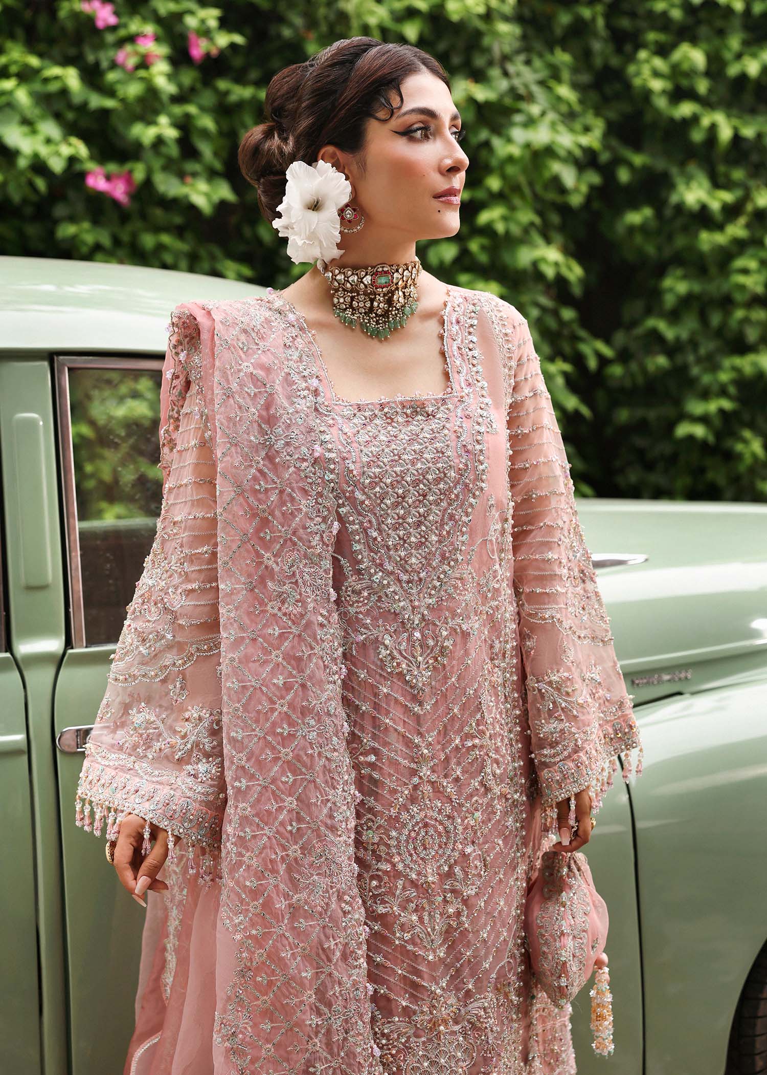 Kanwal Malik Shabnam Blush Pink Long Shirt with Crushed Sharara for Bridal wear, Guest of Formal Wedding - Pakistani Designer Wear for Women in UK | Kifat