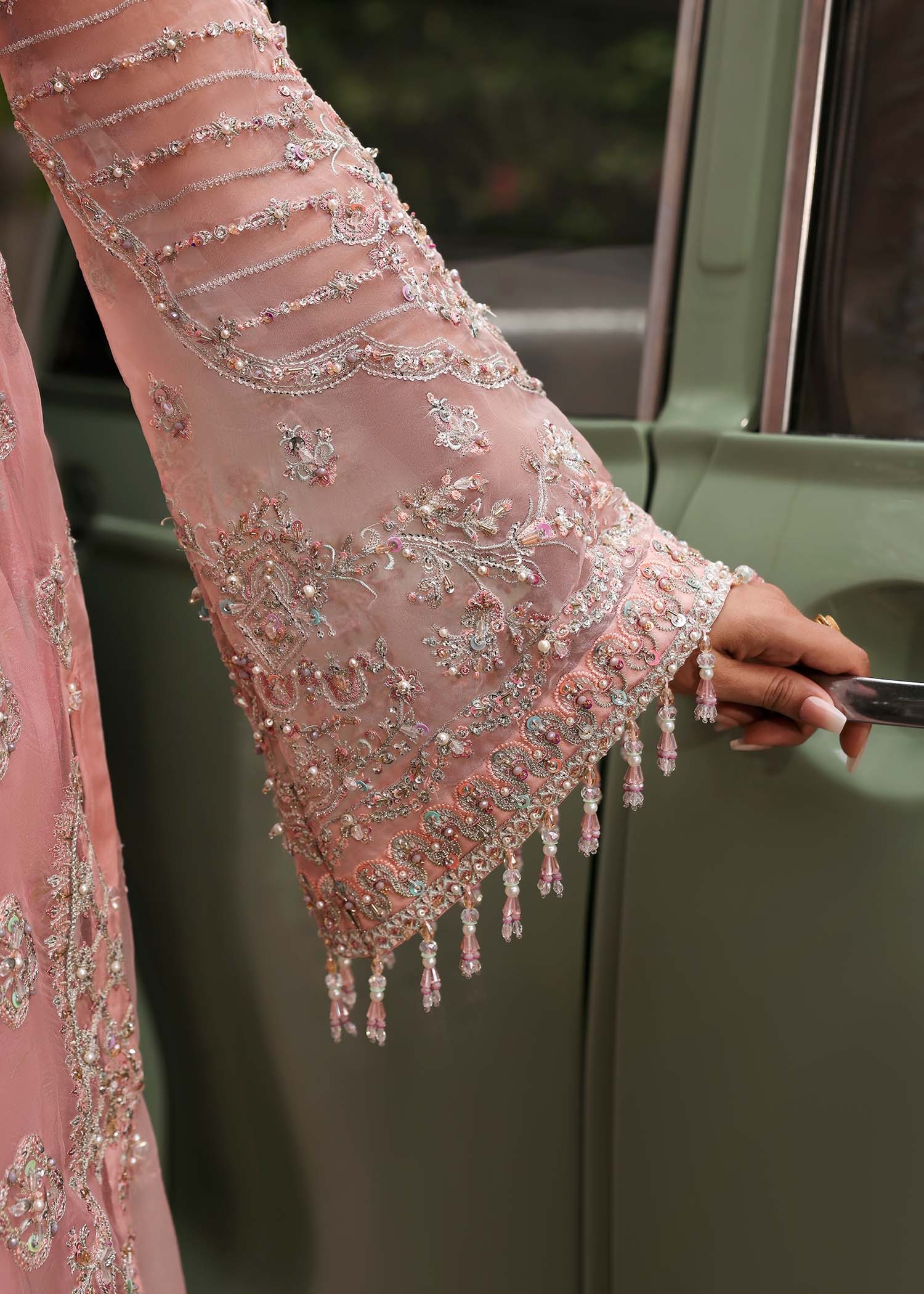 Kanwal Malik Shabnam Blush Pink Long Shirt with Crushed Sharara for Bridal wear, Guest of Formal Wedding - Pakistani Designer Wear for Women in UK | Kifat