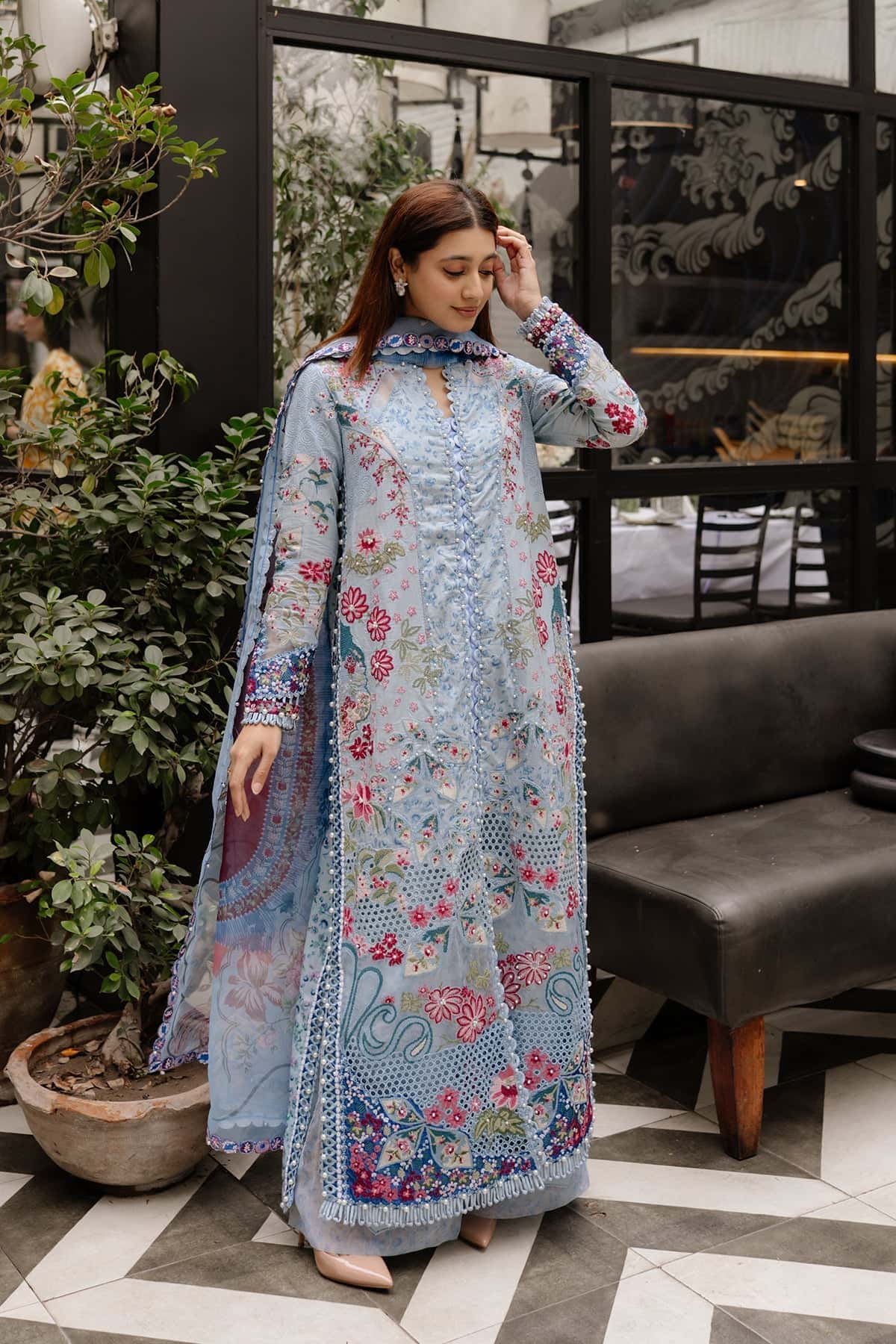 Women Wearing Presta Aqua Long Shirt  For Luxury Events - Pakistani Designer Wear For Women In Uk | Kifat