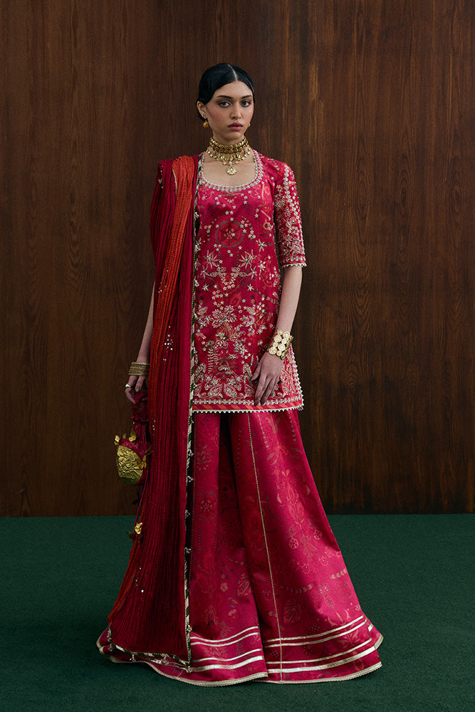 Model Wearing Suffuse by Sana Yasir RYELLE Crimson Pink Shirt with sharara for Wedding Wear - Pakistani Designer wear for Women in UK | Kifat