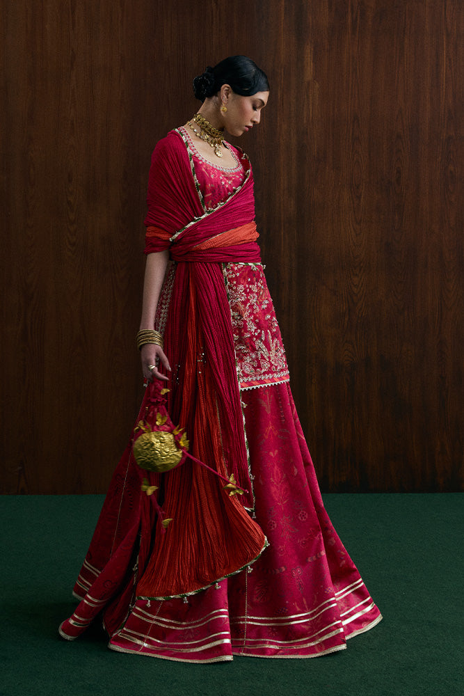 Model Wearing Suffuse by Sana Yasir RYELLE Crimson Pink Shirt with sharara for Wedding Wear - Pakistani Designer wear for Women in UK | Kifat