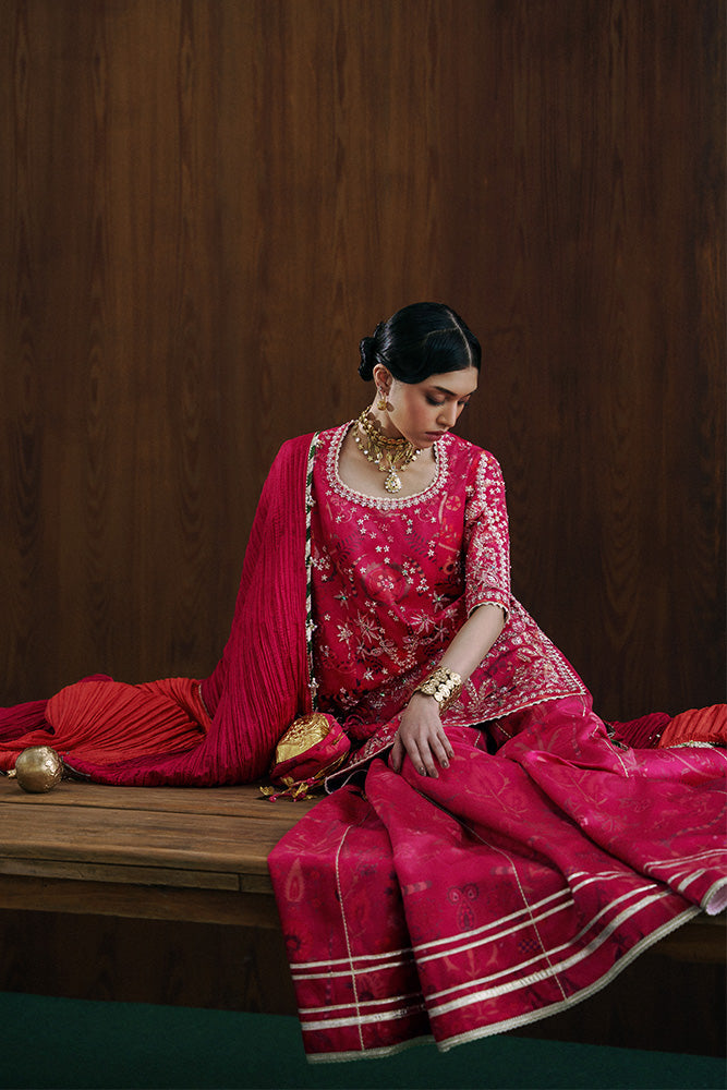 Model Wearing Suffuse by Sana Yasir RYELLE Crimson Pink Shirt with sharara for Wedding Wear - Pakistani Designer wear for Women in UK | Kifat