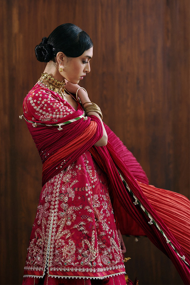 Model Wearing Suffuse by Sana Yasir RYELLE Crimson Pink Shirt with sharara for Wedding Wear - Pakistani Designer wear for Women in UK | Kifat