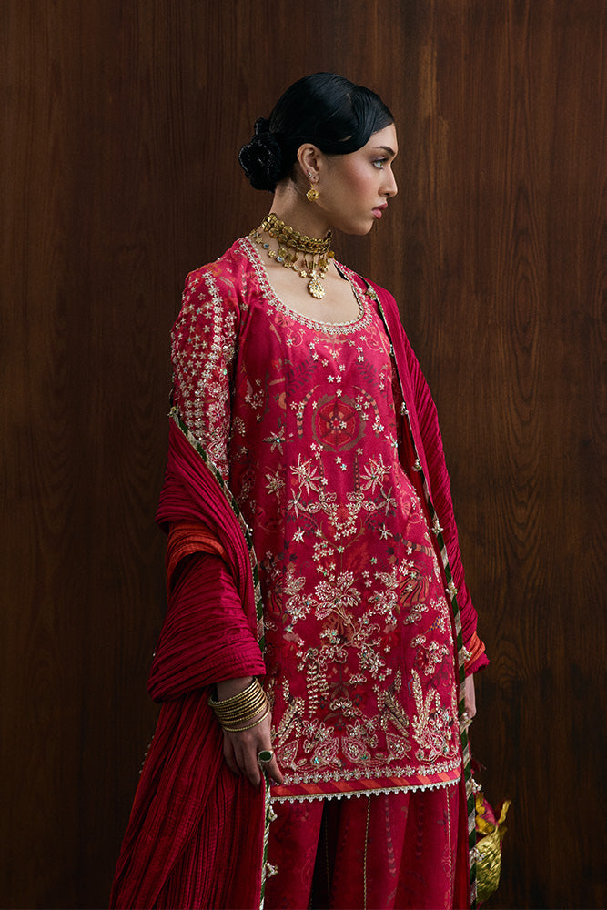 Model Wearing Suffuse by Sana Yasir RYELLE Crimson Pink Shirt with sharara for Wedding Wear - Pakistani Designer wear for Women in UK | Kifat