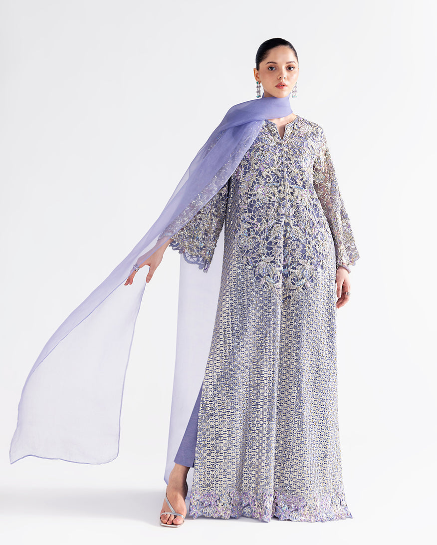 Women Wearing Quince Lavender Long Shirt for Festive Events - Pakistani Designer Wear for Women in UK | Kifat
