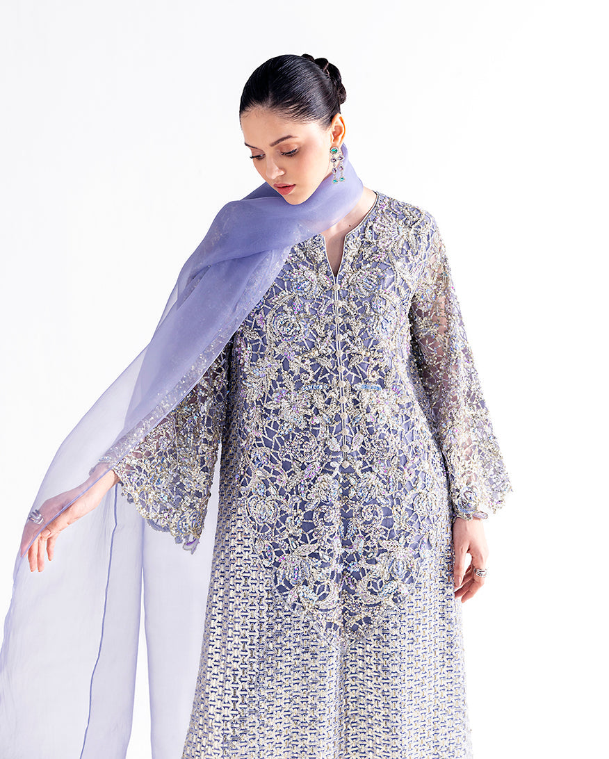 Women Wearing Quince Lavender Long Shirt for Festive Events - Pakistani Designer Wear for Women in UK | Kifat