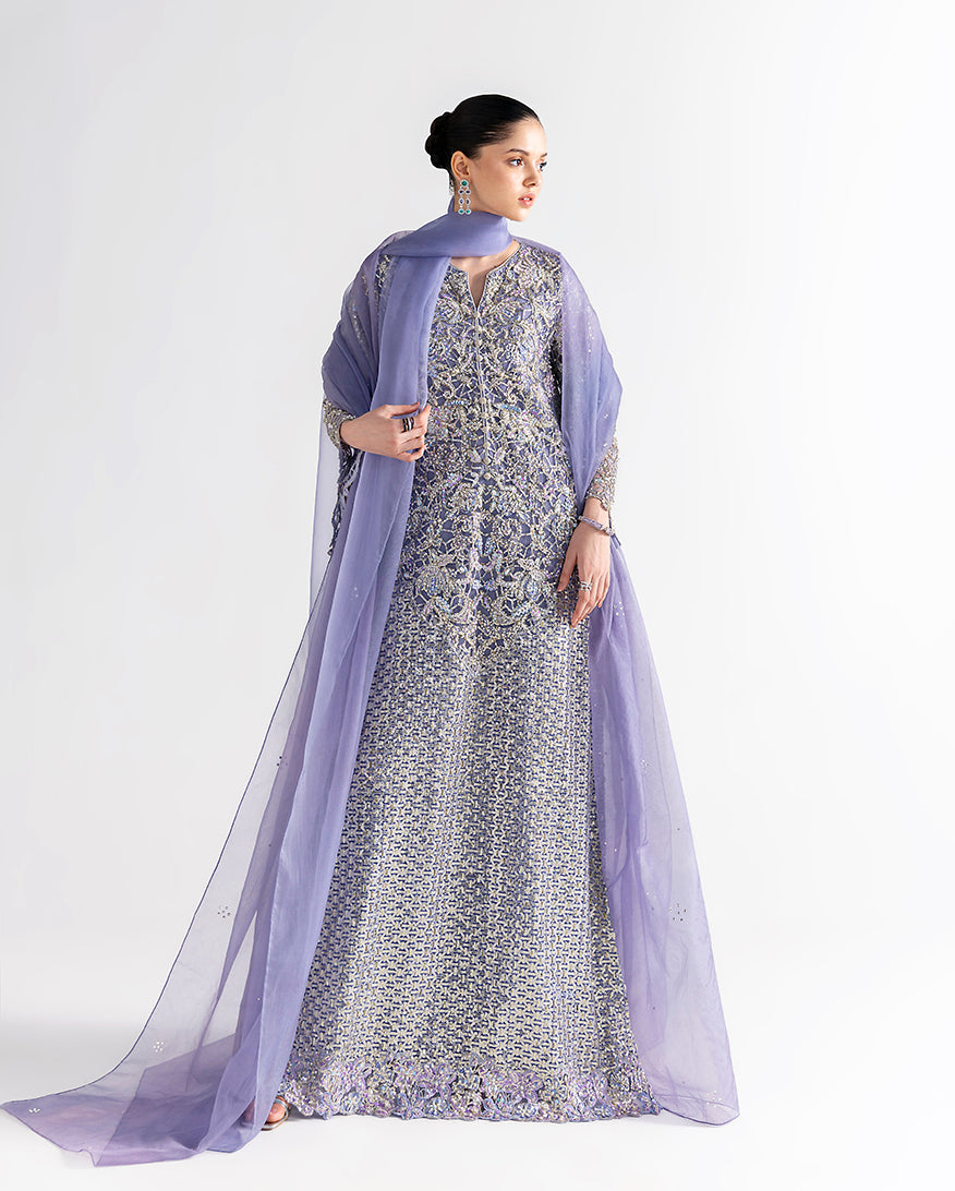 Women Wearing Quince Lavender Long Shirt for Festive Events - Pakistani Designer Wear for Women in UK | Kifat