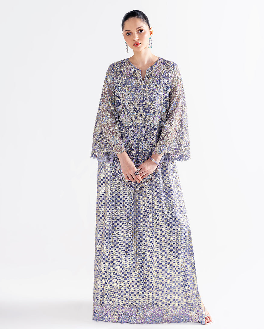 Women Wearing Quince Lavender Long Shirt for Festive Events - Pakistani Designer Wear for Women in UK | Kifat