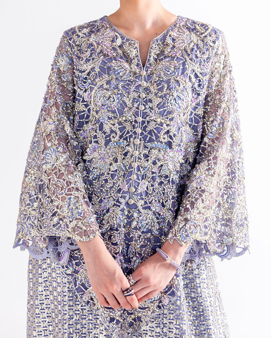 Women Wearing Quince Lavender Long Shirt for Festive Events - Pakistani Designer Wear for Women in UK | Kifat