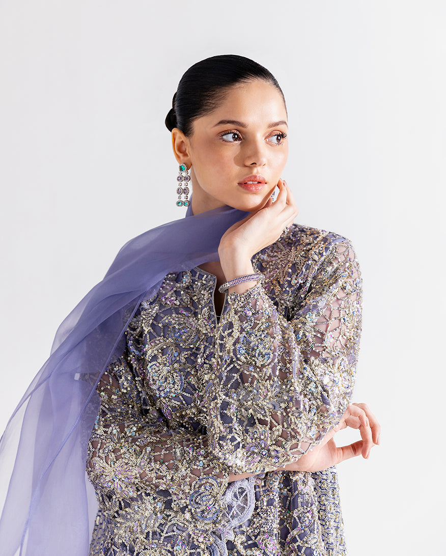 Women Wearing Quince Lavender Long Shirt for Festive Events - Pakistani Designer Wear for Women in UK | Kifat