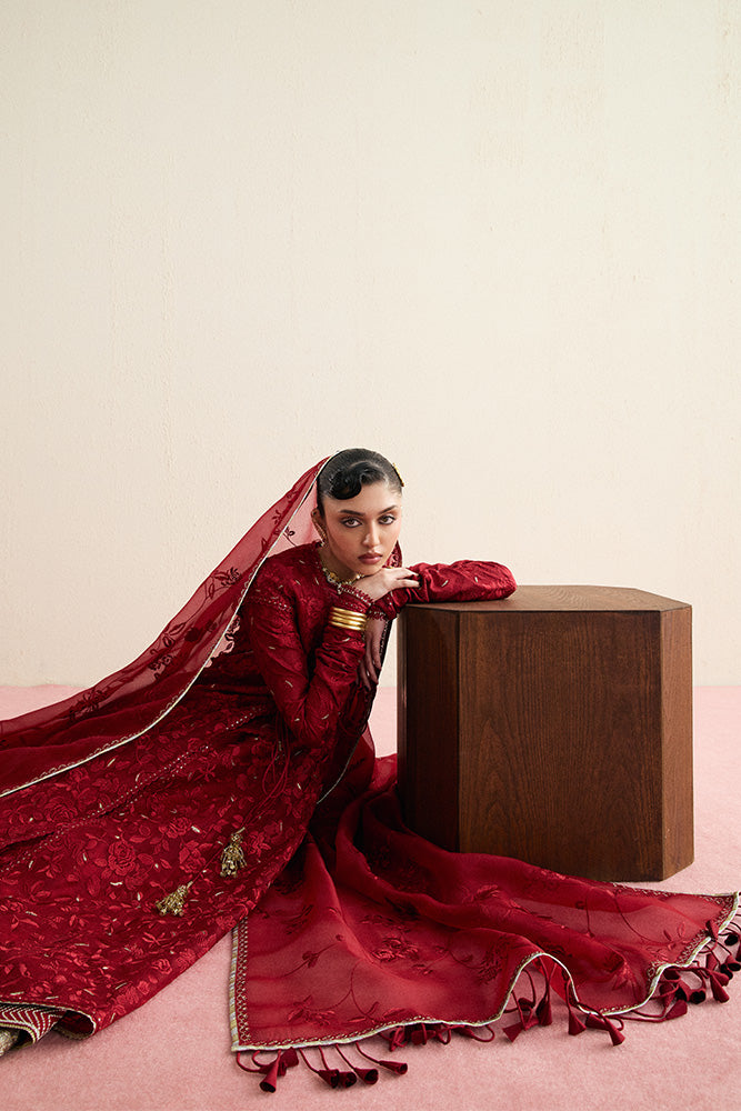 Model Wearing Suffuse by Sana Yasir AMAYAH Fire Red Shirt with churidaar or lehenga for Wedding Wear - Pakistani Designer wear for Women in UK | Kifat