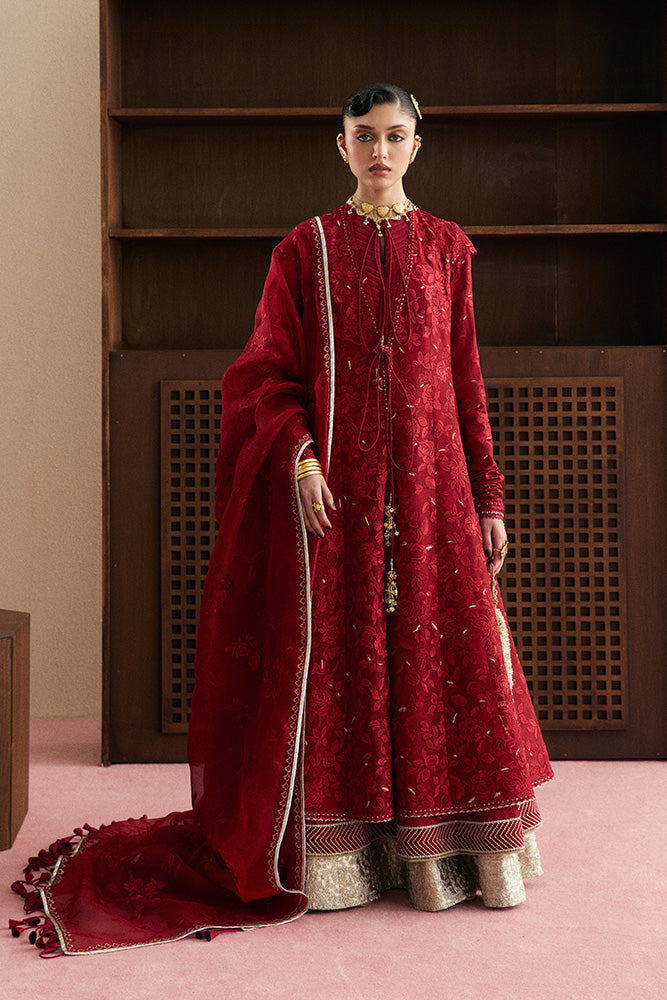 Model Wearing Suffuse by Sana Yasir AMAYAH Fire Red Shirt with churidaar or lehenga for Wedding Wear - Pakistani Designer wear for Women in UK | Kifat