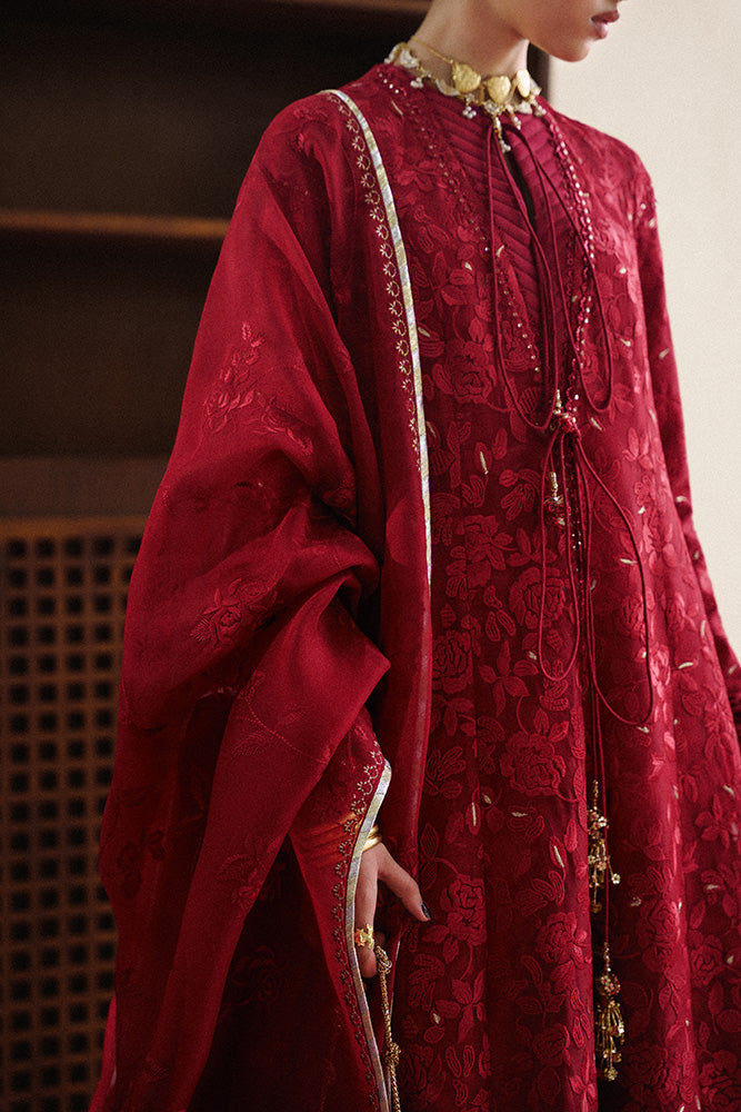 Model Wearing Suffuse by Sana Yasir AMAYAH Fire Red Shirt with churidaar or lehenga for Wedding Wear - Pakistani Designer wear for Women in UK | Kifat