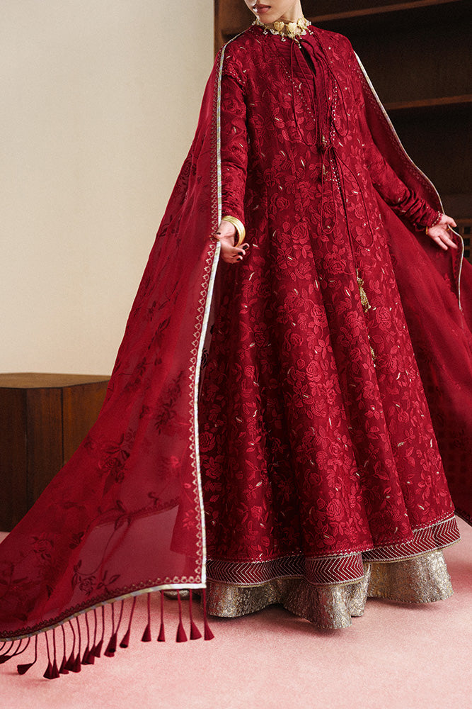 Model Wearing Suffuse by Sana Yasir AMAYAH Fire Red Shirt with churidaar or lehenga for Wedding Wear - Pakistani Designer wear for Women in UK | Kifat