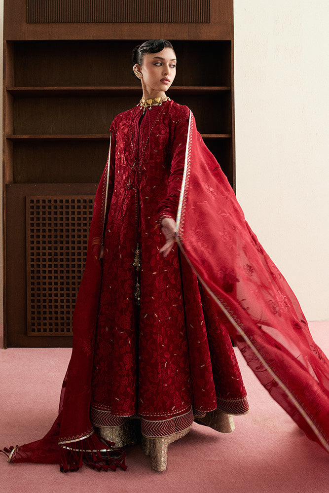 Model Wearing Suffuse by Sana Yasir AMAYAH Fire Red Shirt with churidaar or lehenga for Wedding Wear - Pakistani Designer wear for Women in UK | Kifat