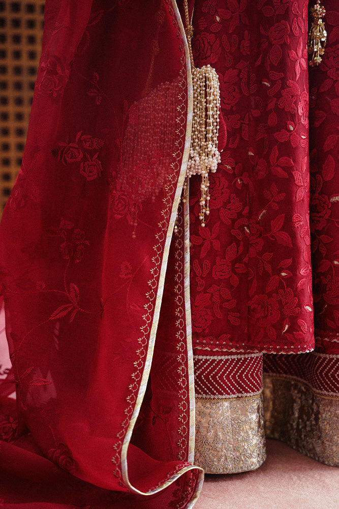 Model Wearing Suffuse by Sana Yasir AMAYAH Fire Red Shirt with churidaar or lehenga for Wedding Wear - Pakistani Designer wear for Women in UK | Kifat