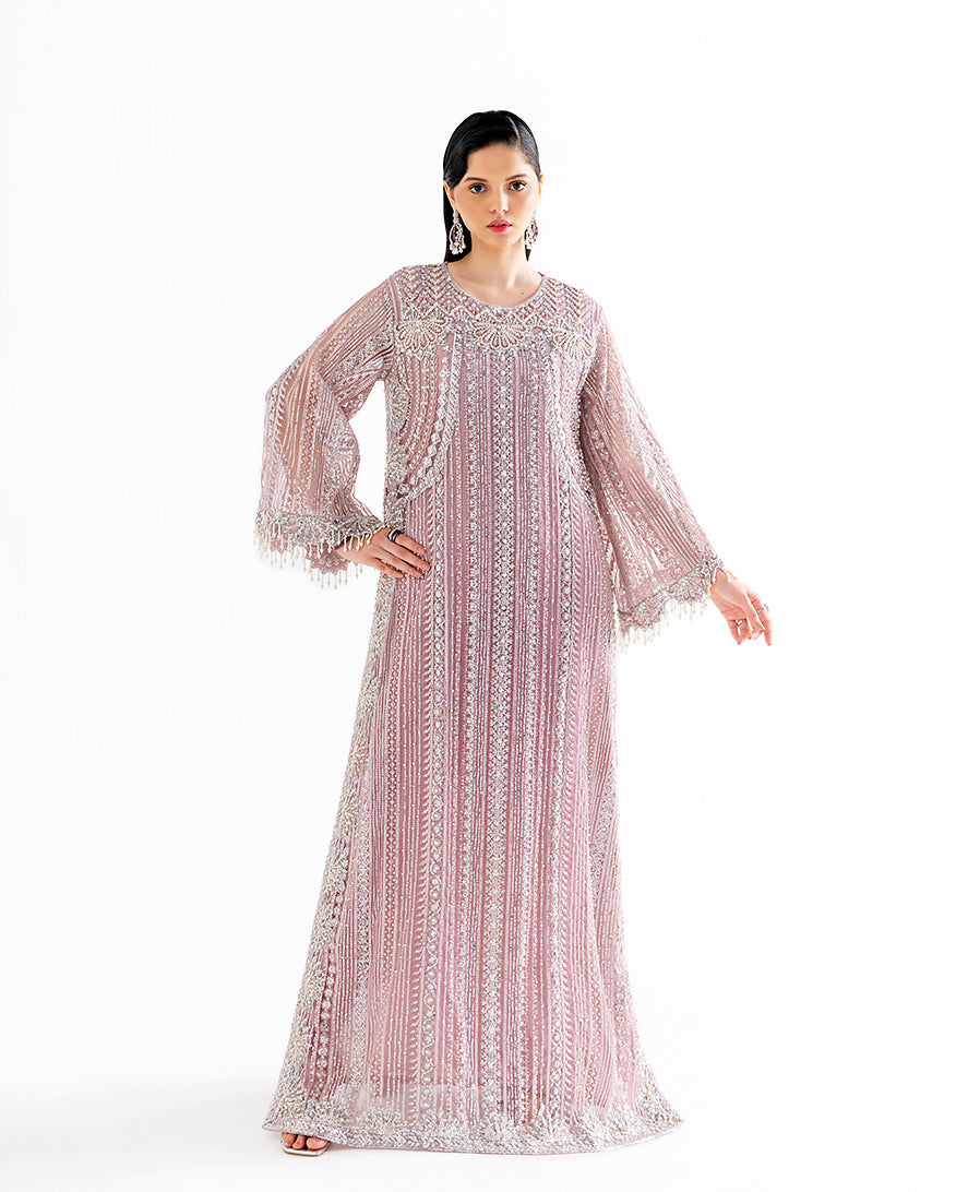 Women Wearing Romnea Pink Long Shirt for Festive Events - Pakistani Designer Wear for Women in UK | Kifat