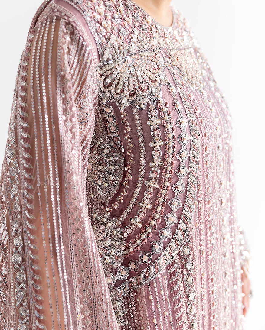 Women Wearing Romnea Pink Long Shirt for Festive Events - Pakistani Designer Wear for Women in UK | Kifat