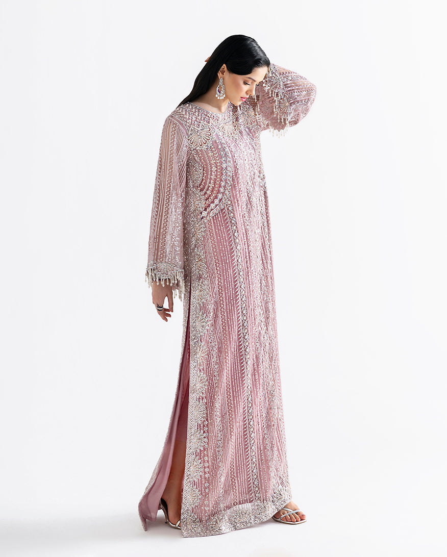 Women Wearing Romnea Pink Long Shirt for Festive Events - Pakistani Designer Wear for Women in UK | Kifat