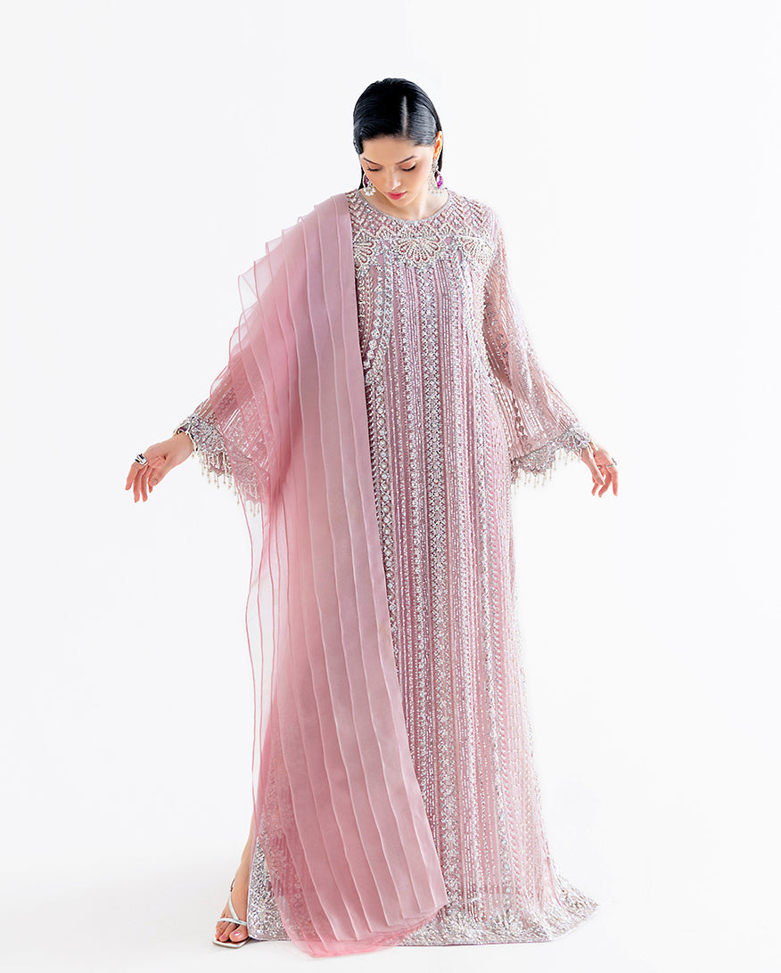 Women Wearing Romnea Pink Long Shirt for Festive Events - Pakistani Designer Wear for Women in UK | Kifat
