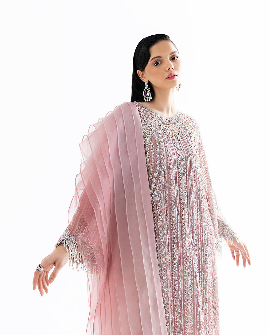 Women Wearing Romnea Pink Long Shirt for Festive Events - Pakistani Designer Wear for Women in UK | Kifat