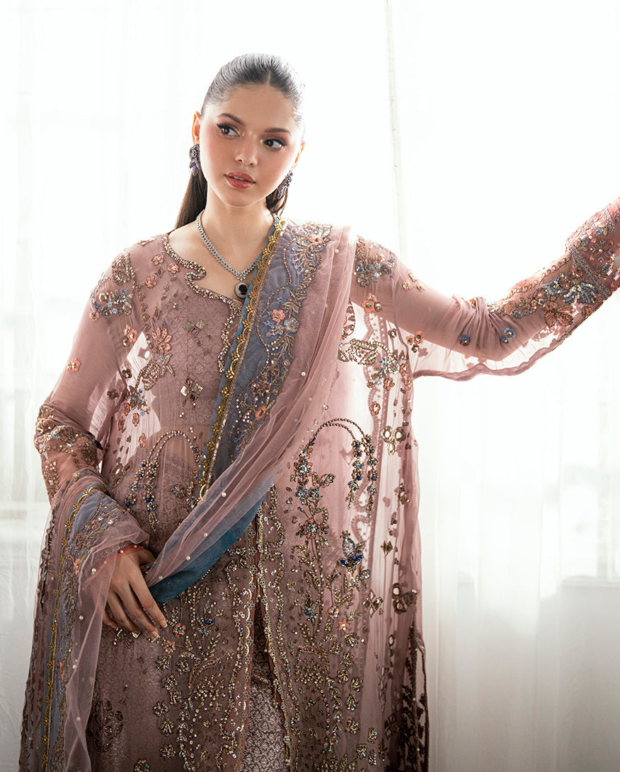 Women Wearing Roop Rangoli Mauve Pink Long Shirt for Festive Events - Pakistani Designer Wear for Women in UK | Kifat