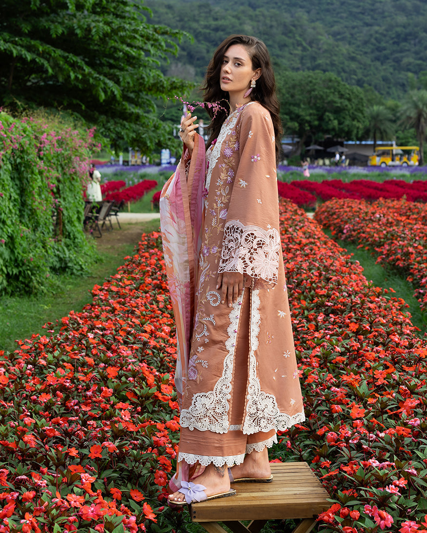 Women Wearing Rosette Reverie Rust Long Shirt for Festive Events - Pakistani Designer Wear for Women in UK | Kifat