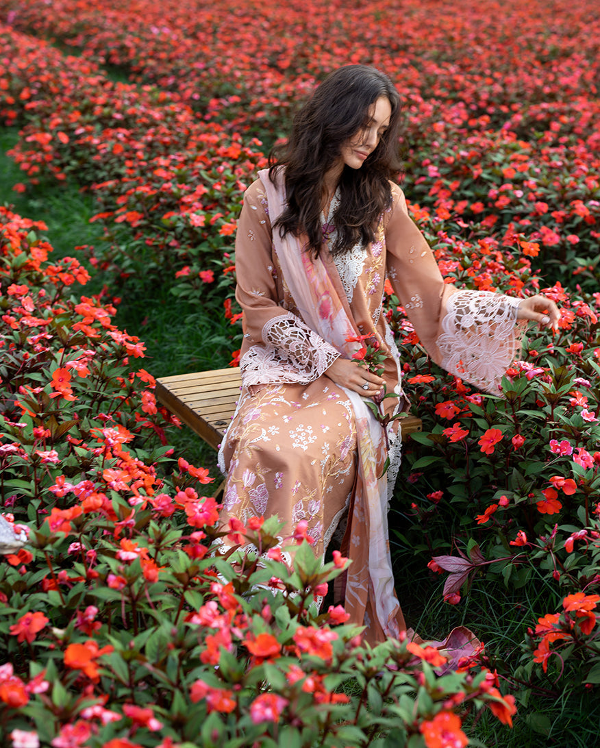 Women Wearing Rosette Reverie Rust Long Shirt for Festive Events - Pakistani Designer Wear for Women in UK | Kifat