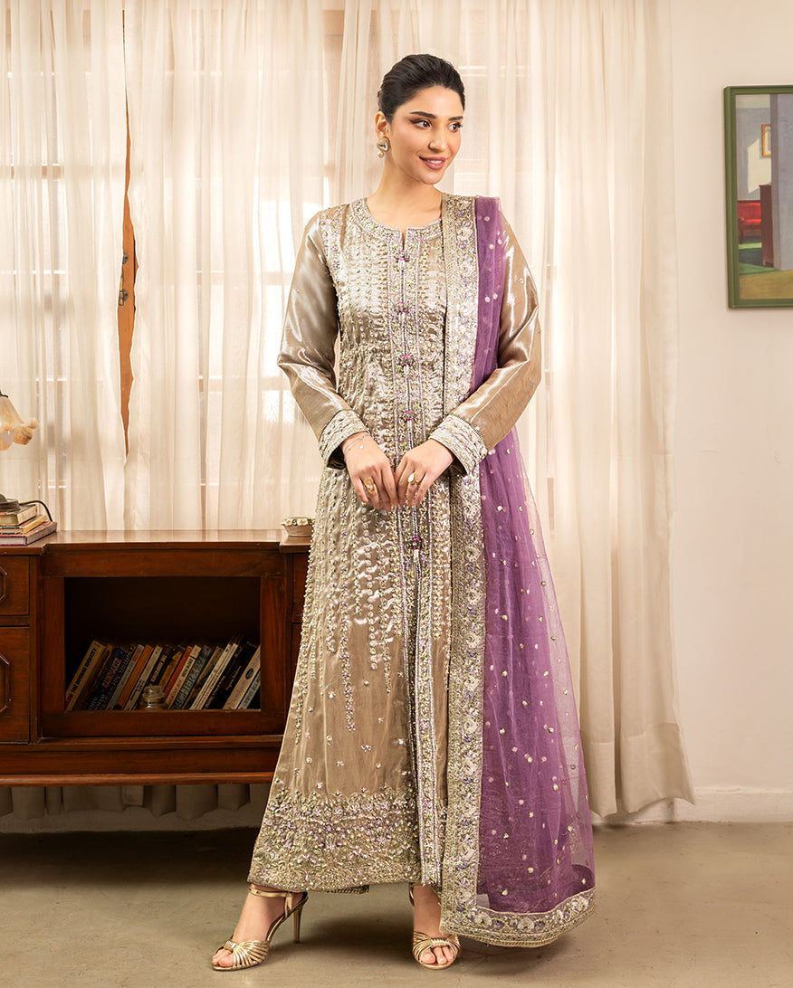 Women Wearing Rumsha Golden beige Long Shirt for Formal Events - Pakistani Designer Wear for Women in UK | Kifat