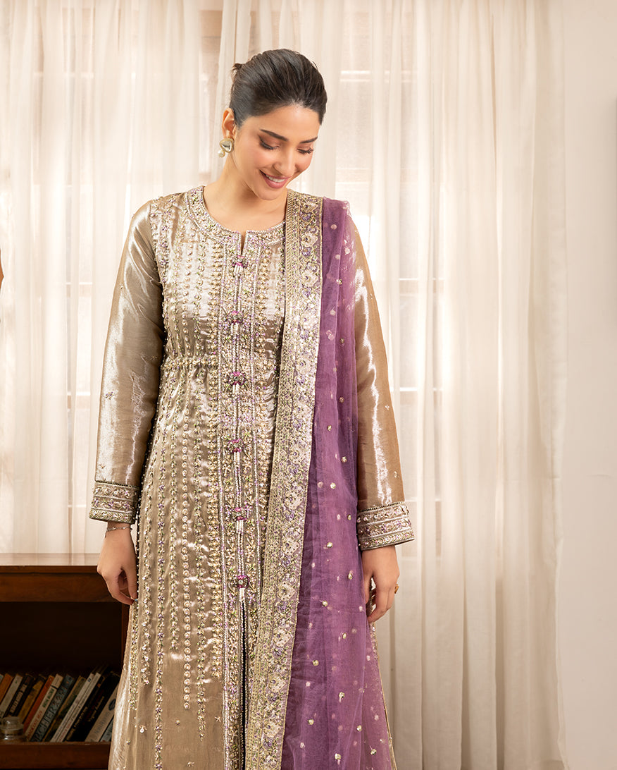 Women Wearing Rumsha Golden beige Long Shirt for Formal Events - Pakistani Designer Wear for Women in UK | Kifat