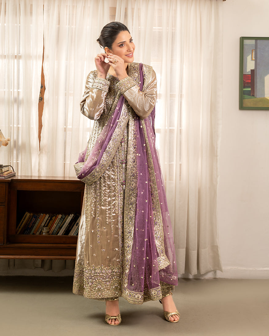 Women Wearing Rumsha Golden beige Long Shirt for Formal Events - Pakistani Designer Wear for Women in UK | Kifat