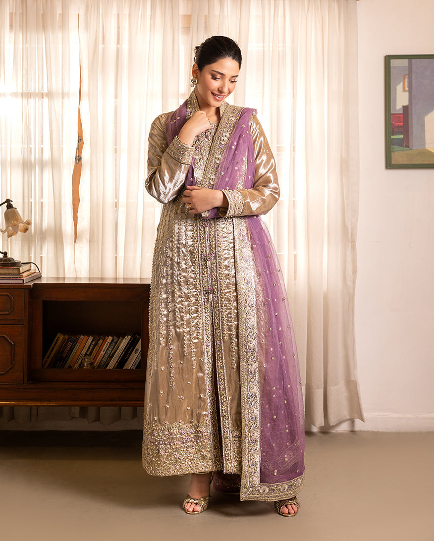Women Wearing Rumsha Golden beige Long Shirt for Formal Events - Pakistani Designer Wear for Women in UK | Kifat