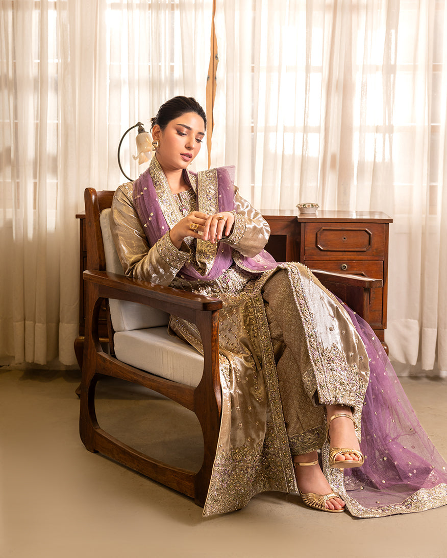 Women Wearing Rumsha Golden beige Long Shirt for Formal Events - Pakistani Designer Wear for Women in UK | Kifat