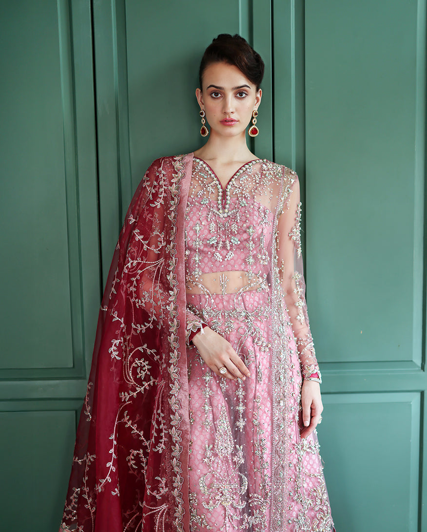 Women Wearing Sabine Light Pink Front Open Long Shirt with Sharara for Wedding Events - Pakistani Designer Wear for Women in UK | Kifat
