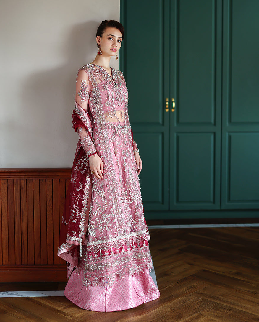 Women Wearing Sabine Light Pink Front Open Long Shirt with Sharara for Wedding Events - Pakistani Designer Wear for Women in UK | Kifat