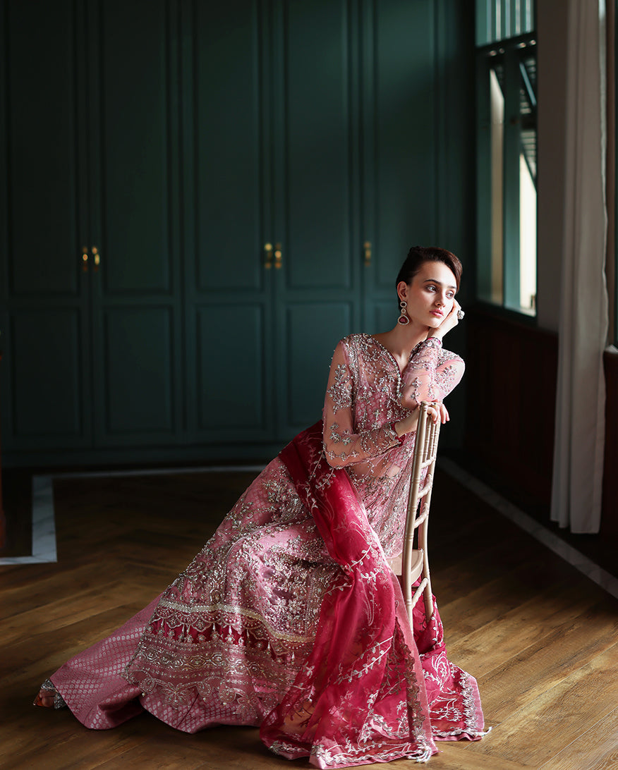 Women Wearing Sabine Light Pink Front Open Long Shirt with Sharara for Wedding Events - Pakistani Designer Wear for Women in UK | Kifat