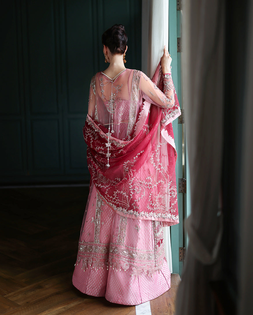 Women Wearing Sabine Light Pink Front Open Long Shirt with Sharara for Wedding Events - Pakistani Designer Wear for Women in UK | Kifat