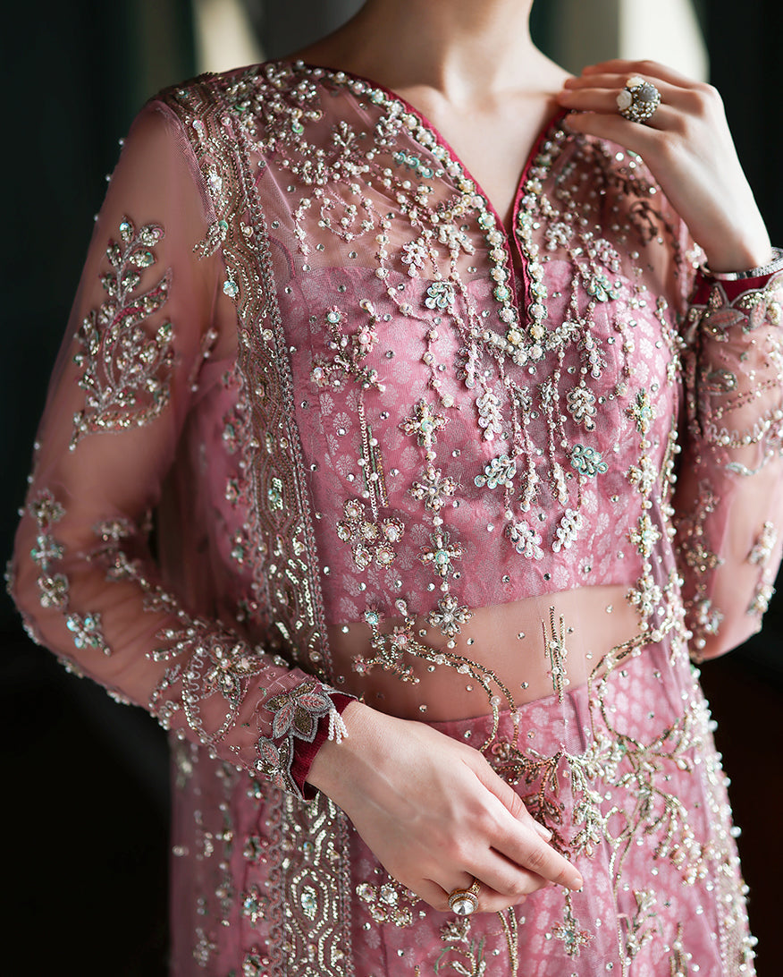 Women Wearing Sabine Light Pink Front Open Long Shirt with Sharara for Wedding Events - Pakistani Designer Wear for Women in UK | Kifat